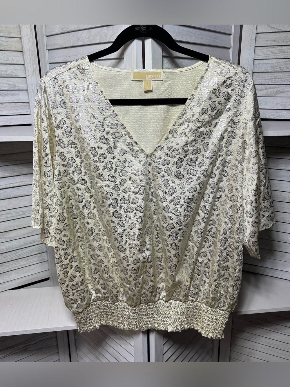 MICHAEL Michael Kors Metallic Silver Paisley Smocked Blouse Top 1X⁠